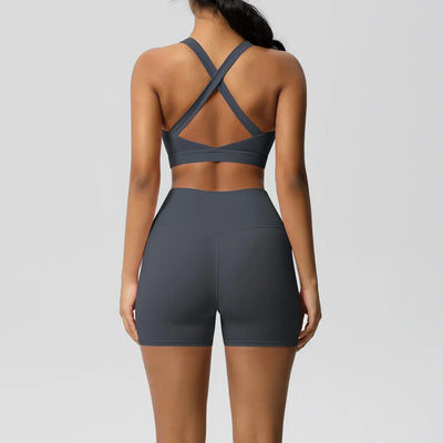2PCS Sportswear With Pocketed Yoga Set Gym Clothes Yoga Suits For Women Tracksuits Sports Shorts Crossover Bra Gym Leggings