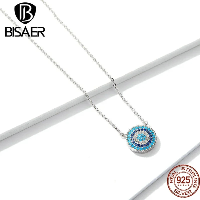 BISAER 925 Sterling Silver Round Blue Zircon Necklace Plated Platinum For Women Lucky Pendant Luxury Necklaces Fine Jewelry Gift