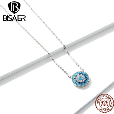 BISAER 925 Sterling Silver Round Blue Zircon Necklace Plated Platinum For Women Lucky Pendant Luxury Necklaces Fine Jewelry Gift