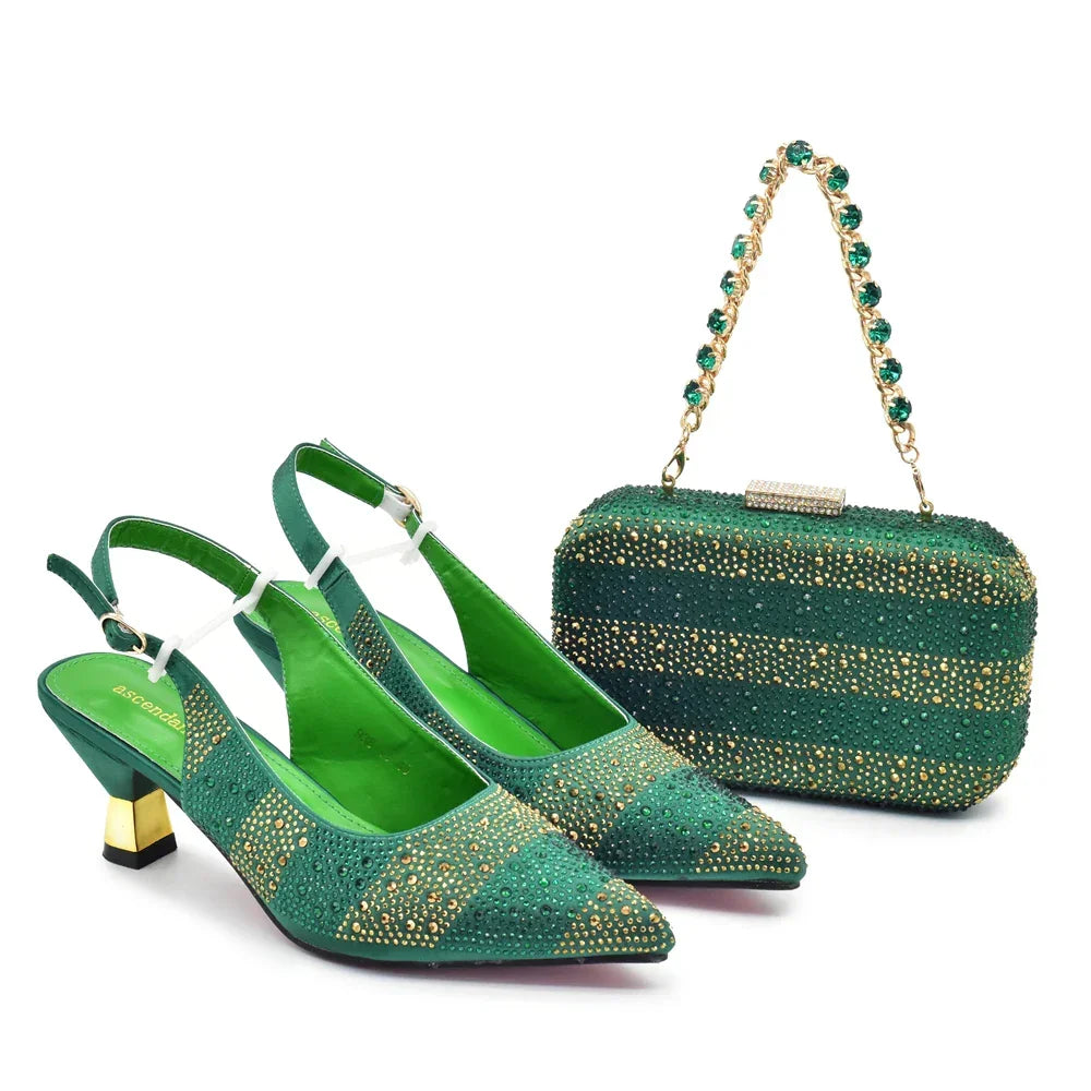 African Shoe and Bags Set for Wedding Women Shoes and Bags To Match Set with Rhinestone Italy Lady Pumps Women Shoes Luxury