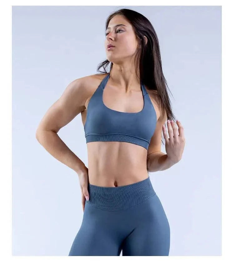 Sports Bra  Seamless Halter Neck Strap Bra Open Back Fitness Yoga Top Bras Support Women Workout Gym Crop Top