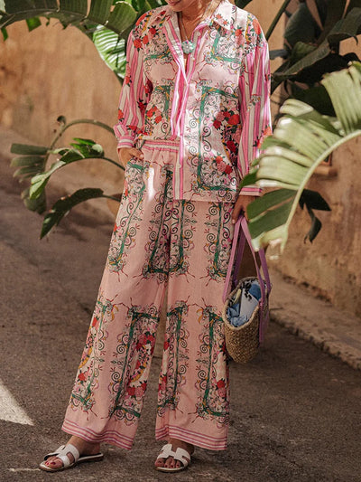 Loungewear Printing Two Pieces Sets, Women Spring Summer Cardigan Top Wide Leg Pants Outfit, Loose Turn-Down Collar Ladies Suits