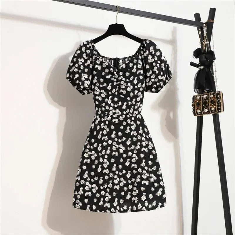 Women Mini Printed Floral Chiffon Shirring Pleated Short Puffy Sleeve Casual Dresses Summer Fashion