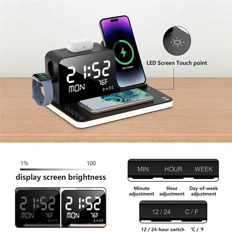 Wireless Charging Station Withtime Display Multifunctional Charging Accessories Compatible Withmultiple Devices-ABIU