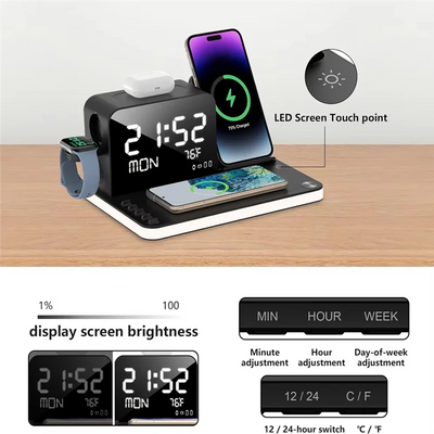 Wireless Charging Station Withtime Display Multifunctional Charging Accessories Compatible Withmultiple Devices-ABIU