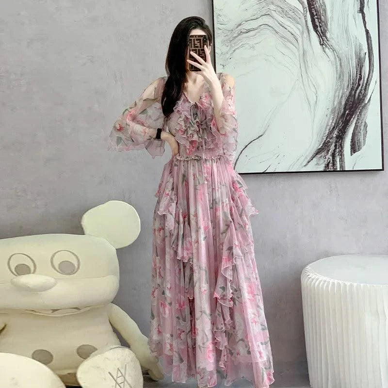 Women Sexy Off Shoulder V Neck Floral Print Dress Summer Gorgeous Flower Pink Chiffon Cascading Ruffles Evening Party Prom Robe