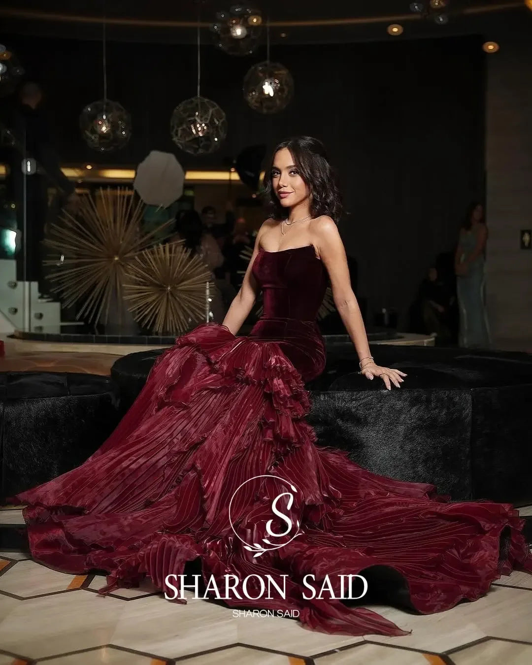 Sharon Said Dubai Luxury Wine Red Evening Dress with Ruffled Strapless for Women Wedding Party Arabic SF157 Customized
