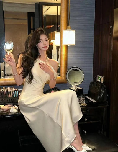 Satin Sexy Off Shoulder Dress Women Pink Skinny Elegant Soft Dress Classic Fashion Party Evening Gown Sleeveless Lady Vestidos