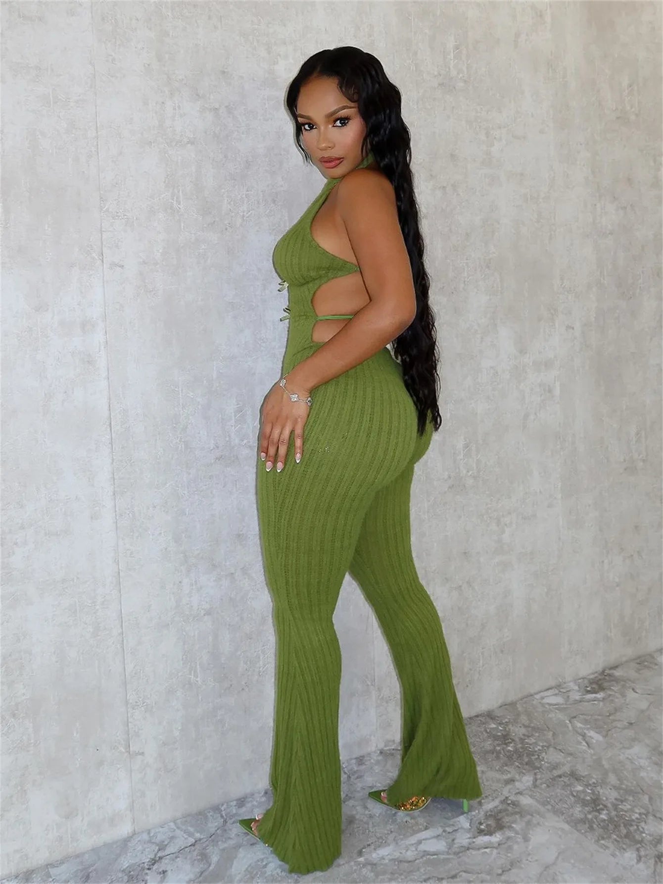 Joskaa Knitted Halter Backless Jumpsuit Women Sexy Deep V-Neck Bow Sleeveless Skinny Overalls 2025 Fitness Sportswear Clubwear