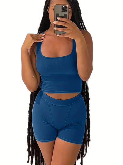 Women's 2 Piece Casual Workout Outfits Ribbed Knitted Yoga Tank Top High Waist Leggings Tracksuit Active Wear Sets