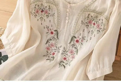 Cotton and Linen V-neck Embroidered Shirt for Women, Summer Thin Style Loose Medium Sleeves Small Shirt Top