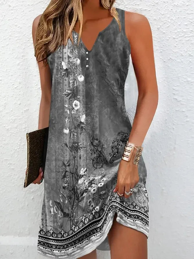 2025 Bohemian Midi Dress For Women Summer Fashion Print V-neck Sleeveless A-line Dresses Casual Elegant Ladies Plus Size Vestido