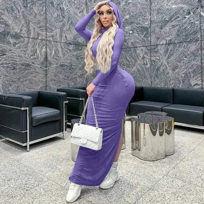 Hooded Long Dress For Women Y2k Clothes Sexy Streetwear Long Sleeve Bodycon Vestidos De Mujer Solid Robe Femme Été Back Split