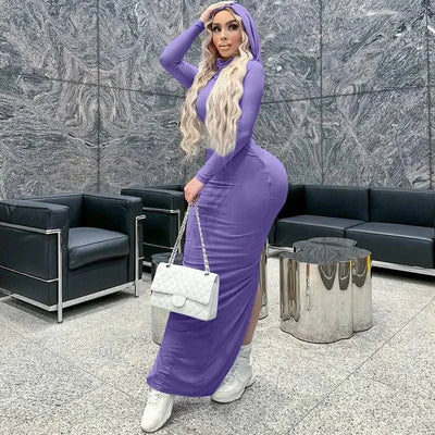 Hooded Long Dress For Women Y2k Clothes Sexy Streetwear Long Sleeve Bodycon Vestidos De Mujer Solid Robe Femme Été Back Split