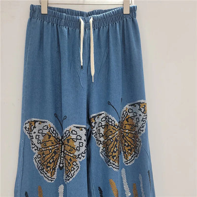 ANJY Autumn New Women Chic Two-Piece Set Studded Diamonds Streetwear Denim Shirt Drawstring Straight Elegant Casual Pants  A9654
