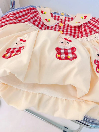Rabbit Embroidery Cherry Lace Checkered  Peter Pan Collar Dress For Toddler |Girl  1-4Y Infant Girl Princess Dress|New Arrival