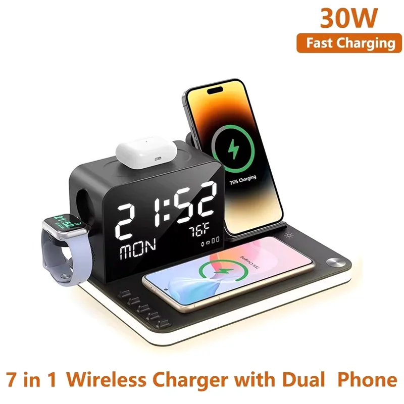 Wireless Charging Station Withtime Display Multifunctional Charging Accessories Compatible Withmultiple Devices-ABIU