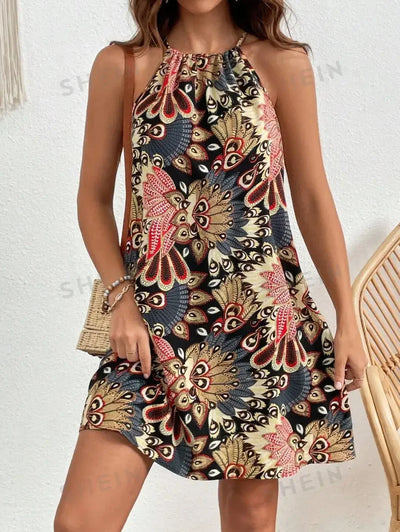 2024 Summer Women Bohemian Dresses Vintage Allover Print Halter Neck Dress Sleeveless Hanging Temperament Vacation Vestidos
