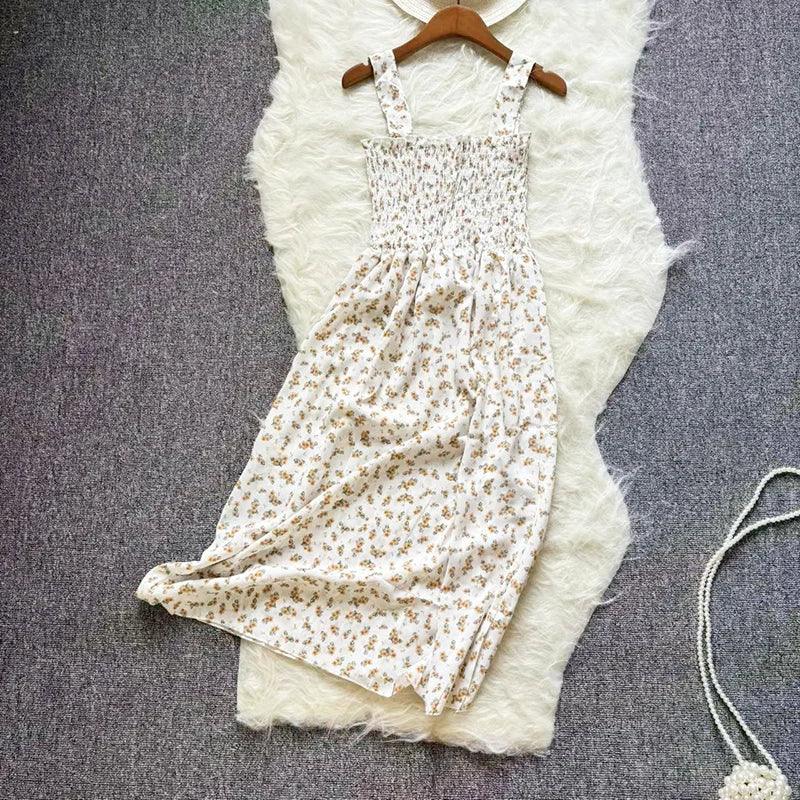 Summer Chiffon Camisole Sleeveless Dress Women Midi Dresses Fashion Elastic Waist Casual Spaghetti Strap Dresses Vestidos Girls