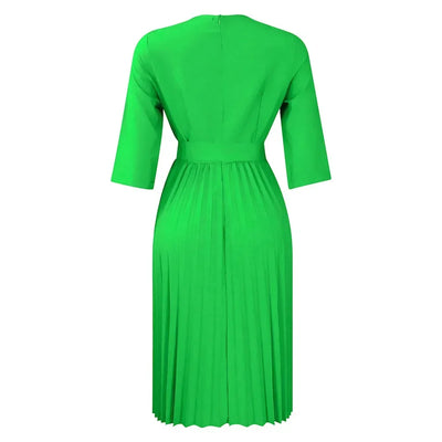 Elegant Office Dresses for Women Professional V Neck Full Sleeve Sashes Pleated Mid Calf Formal Business Work Wear Dress Midi OL