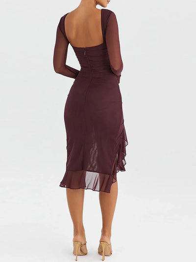 Women Midi Dress Long Sleeve Irregular Mesh Ruffles Mermaid Dress Sexy Backless Party Cocktail Dress