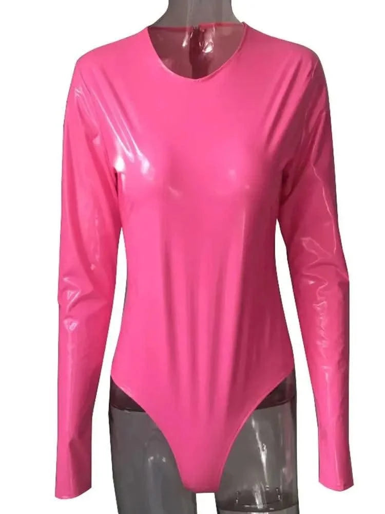 Wet Look PVC Catsuit Shiny PU Leather Long Sleeve Bodysuit Swimsuit Tights Body Teddies Sexy Clubwear Leotard Unitard Shirt Tops