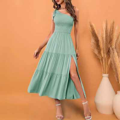 Elegant Dresses For Women Women'S Summer Casual One Shoulder Sleeveless Smocked Elastic Waist Tiered Midi Dress платье