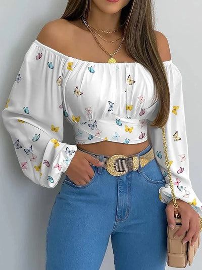 Women Sexy Off Shoulder Blouse Chic and Elegant Printing Lantern Long Sleeve