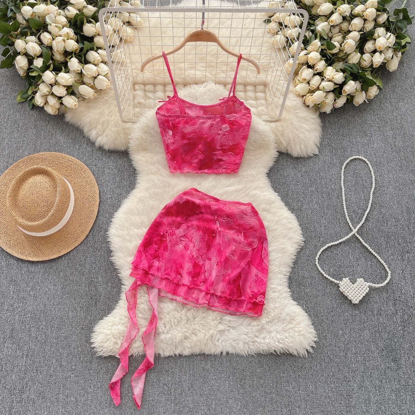 Women's Summer Sexy 2 Pieces Set New Chic Printed Spaghetti Strap Sleeveless Crop Top and Elastic Waist Ruffles Mini Skirt Suits