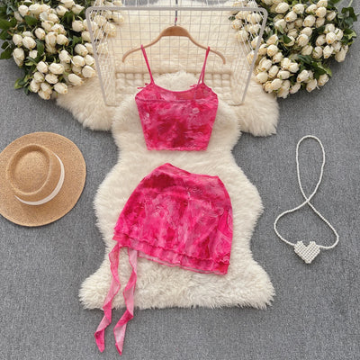Women's Summer Sexy 2 Pieces Set New Chic Printed Spaghetti Strap Sleeveless Crop Top and Elastic Waist Ruffles Mini Skirt Suits