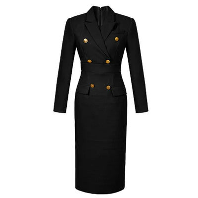 Fashion Elegant Midi Dress Women's Professional Business Style Long Sleeve Double Breasted Slit Robe Office Lady Work Vestidos