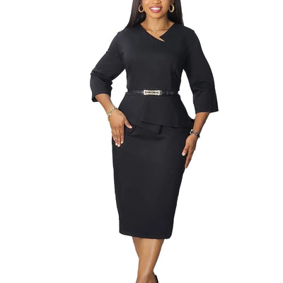 Dress Office Wear for Women Professional Skew Collar Three Quarter Sleeve Belt Waisted Sheath Package Hips Mid Calf Formal Dress