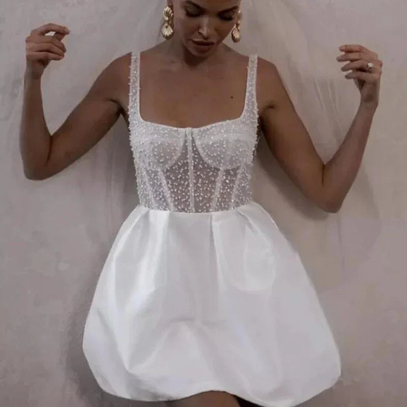 Simple Sequined Beaded Wedding Dress Mini Short Sexy Sleeveless Backless Modern Women Bridal Gown