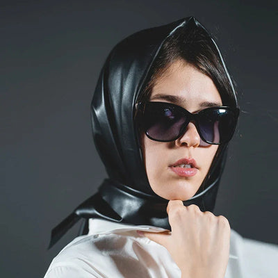 Designer woman Triangle Scarf Black Bandana men Unisex Faux leather kerchief eco-leather headscarf headdress Shawl Wrap