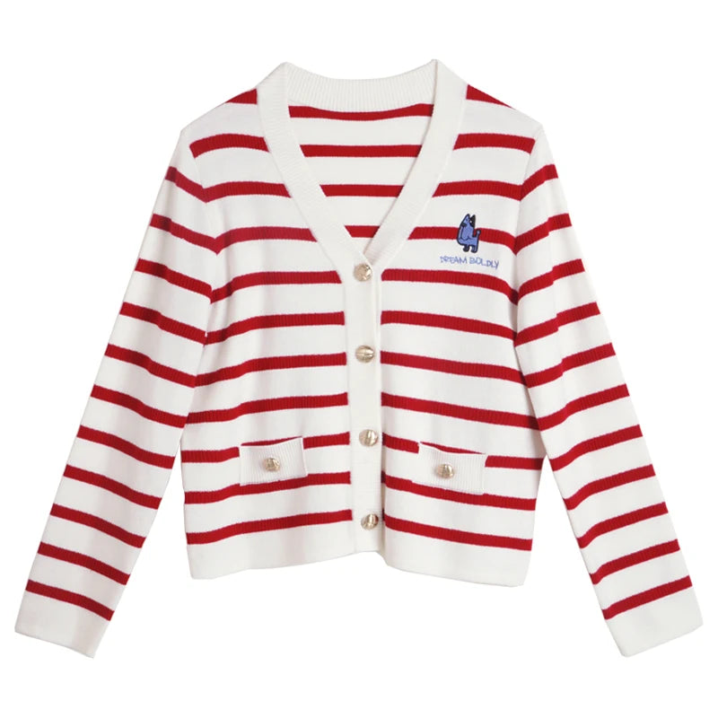 OLrain Wool Blend Striped Cardigan Women 2025 Spring Commute Embroidery V Neck Long Sleeve Chic Button Knitwear M56QZ86390