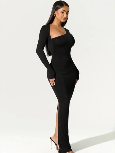 Sexy Black Evening Party Dress Women Elegant Fall Winter Outfits Asymmetrical Long Sleeve Night Club Party Split Maxi Dresses