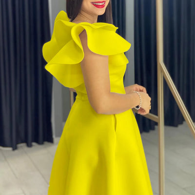 Elegant Party Dresses for Women V Neck Ruffles Sleeve High Waisted A Line Mid Calf Luxury Birthday Dinner Vestidos Mujer Dress