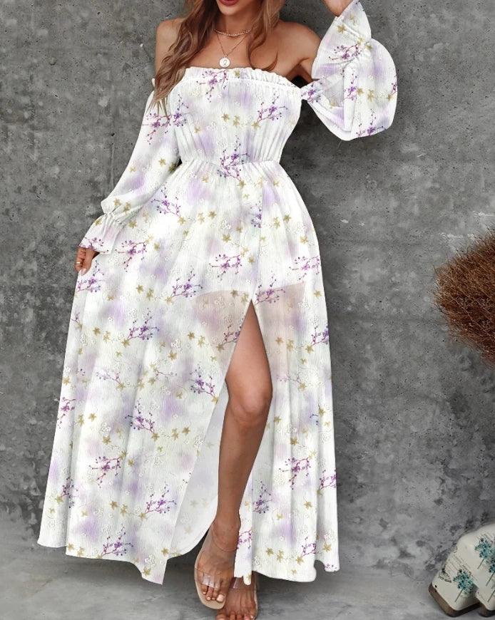 Elegant Party Dresses for Women 23 New Casual Fashion Print Trend Sexy Spicy Girl Off Shoulder Strap Split Waist Dress Vacation