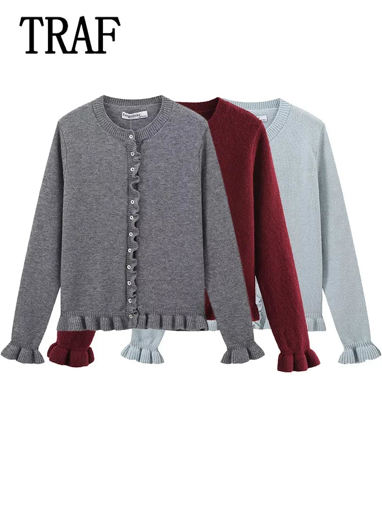 Women Ruffle Gray Knitted Cardigan Outerwears New Autumn Women Long Sleeve Sweater Elegant Button-Down Cardigan