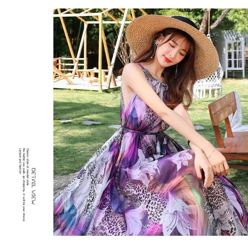 2023 New Floral Summer Sleevelss Suspender Maxi Dress for Women Sexy Backless Beach Purple Boho Robe Femme Sundress Dress Photo