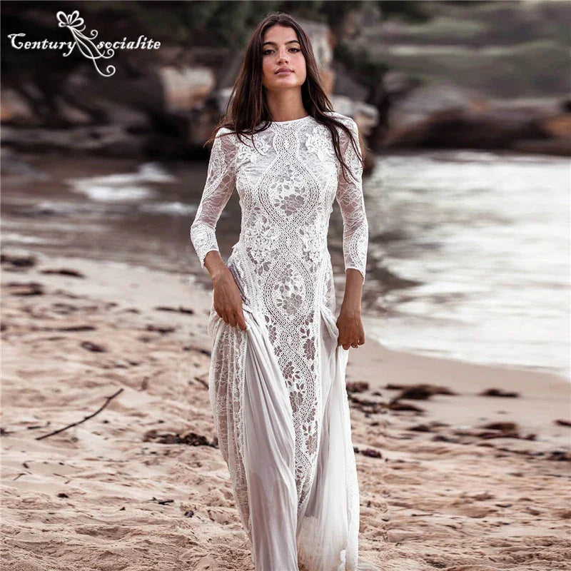 Boho Wedding Dresses 2025 Long Sleeve Backless Lace Appliques Chiffon Sheath Bohemian Bridal Gowns Beach Bride Dress Customized