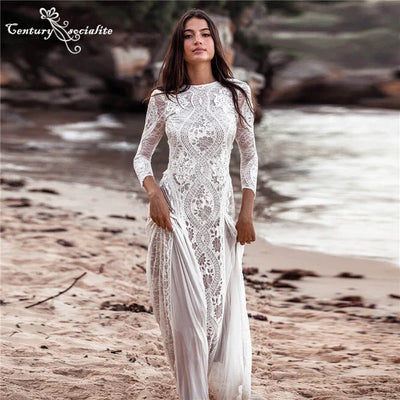 Boho Wedding Dresses 2025 Long Sleeve Backless Lace Appliques Chiffon Sheath Bohemian Bridal Gowns Beach Bride Dress Customized