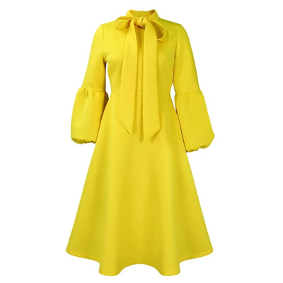 Elegant Dresses for Women Bow Collar Full Sleeve High Waisted Pleated Mid Calf Luxury Birthday Party Dinner Vestidos Mujer Dress
