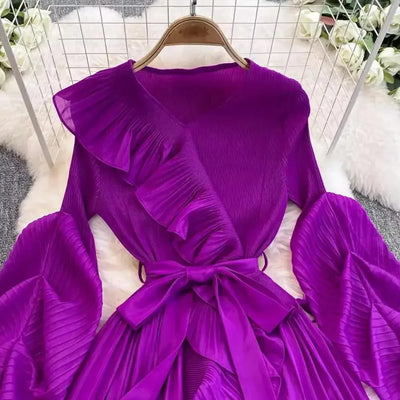 Women's V Neck Ruffles Splice Lantern Sleeve High Stretch Oversized Dresses Miyake Maxi Pleated 2025 Spring Long Party Clothing