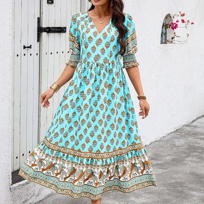 dresses for women Fashion summer Casual long dresses Bohemian V-Neck Printed High Waisted Big Swing Dress vestidos cortos