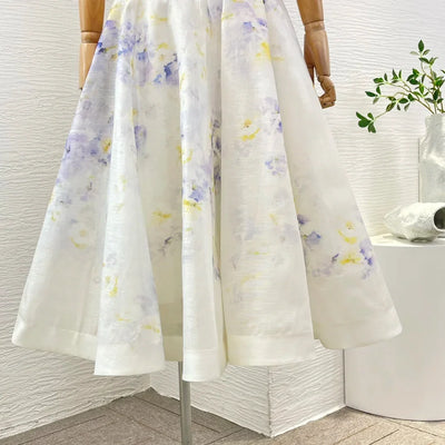 Overlap Pleats 2025 New Floral Print Linen Silk High Quality Spring Summer Sleeveless Shirred Strapless Women Midi Dress
