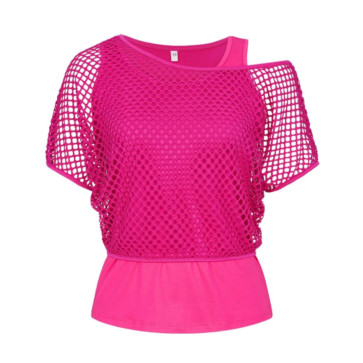 Women Shirts 80s Neon Fishnet Mesh Top Off Shoulder Tops