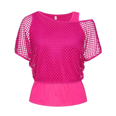 Women Shirts 80s Neon Fishnet Mesh Top Off Shoulder Tops