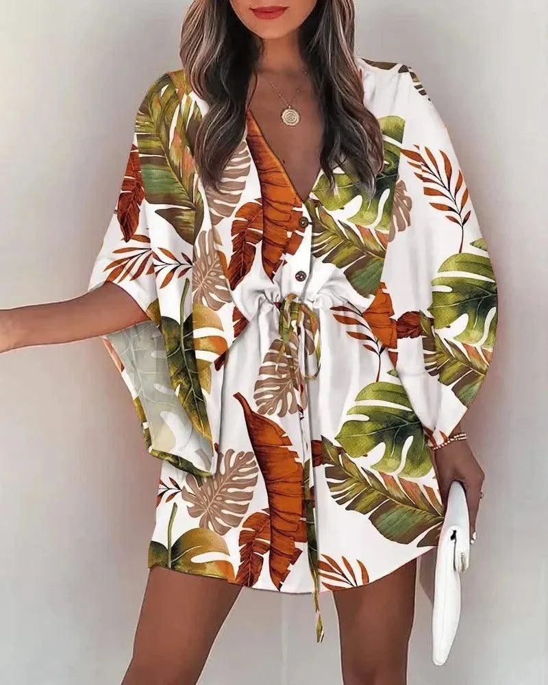 Summer Dress For Women 2024 New Floral Print Bat Half-Sleeve V-Neck Ruffle Irregular Hem Female Dress Casual Boho Women Clothes
