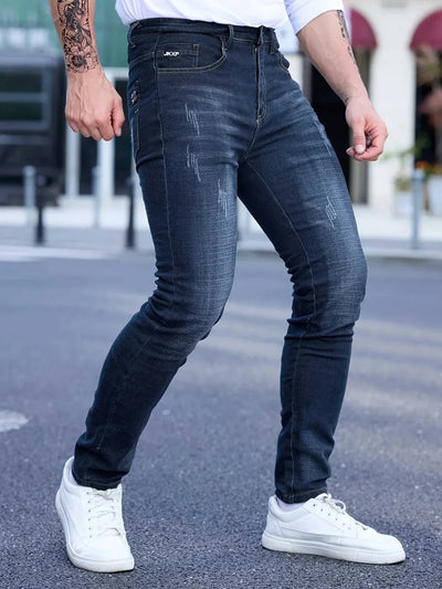 2025 Spring Autumn Men's Fashion Ripped Skinny Jeans Street Style Vintage Wash Solid Denim Casual Slim Fit Pencil Pants 28-36